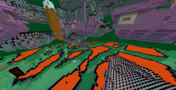 A dimension from the Minecraft Infinity Snapshot, an April 1 joke version of Minecraft that produced randomly generated dimensions.