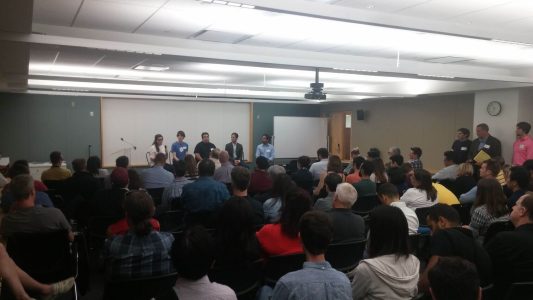 A BostonVR event with guest speakers discussing emerging technology in virtual, augmented, and mixed reality.