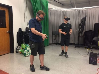 Virtual reality testing during one of the BostonVR Saturday Hack Days at Brookline Interactive Group.