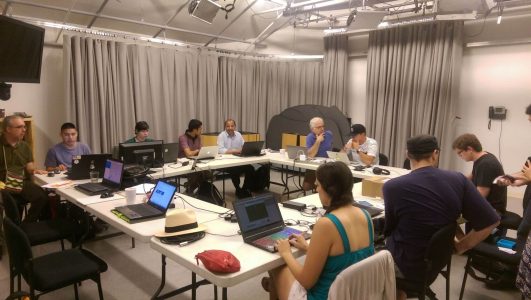 Virtual reality testing during one of the BostonVR Saturday Hack Days at Brookline Interactive Group.