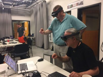 Virtual reality testing during one of the BostonVR Saturday Hack Days at Brookline Interactive Group.