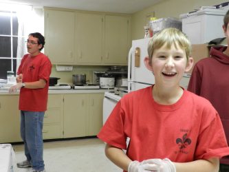 Scout volunteers from Troop 21 of Hudson, NH operated the spaghetti supper to fund Alan Foster's eagle scout project.