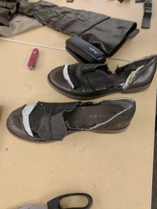 Dr Ollie's coif gloves were constructed by taking leather boots from a thrift store and removing the souls.