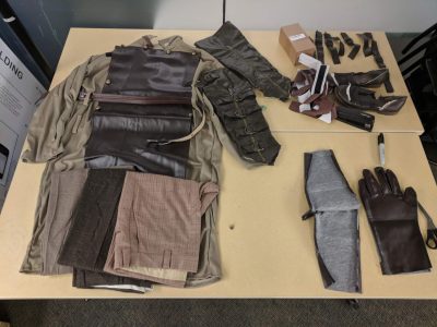 The full costume for Dr Ollie, created from a Steampunk halloween costume and various leather accessories found from thrift stores.