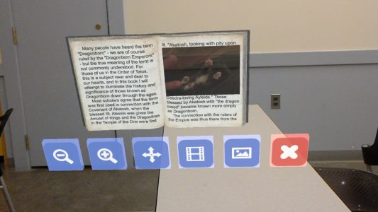 LoreBooks was a 3D virtual reader application designed for smartglasses and created on the HoloLens. Its design was inspired by the interactive books from the videogame series The Elder Scrolls.